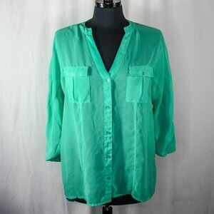 Candie's Sheer Green Button Down Blouse Hi Low Button Tab Sleeves Size M